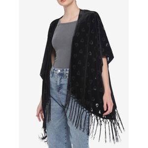 (A10) Hot Topic Black Velvet Planchette Burnout Fringe Kimono Wrap OS